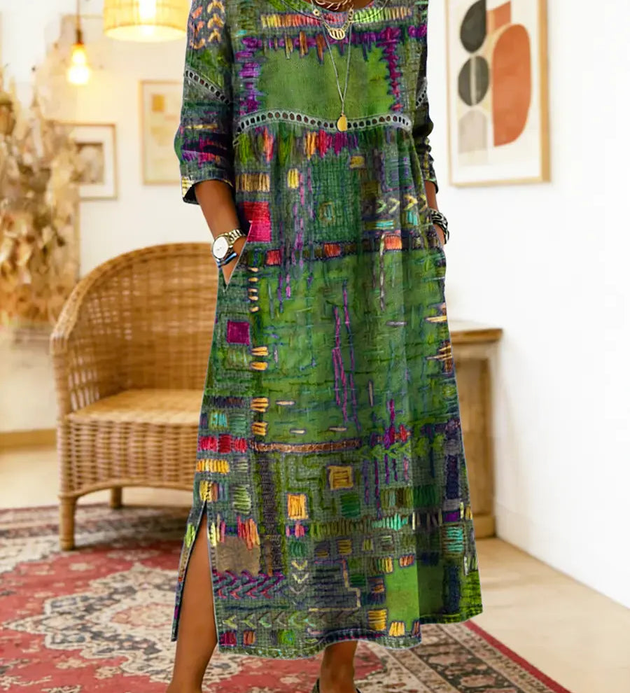 Eglė - Džinsinė suknelė su etniniu patchwork raštu