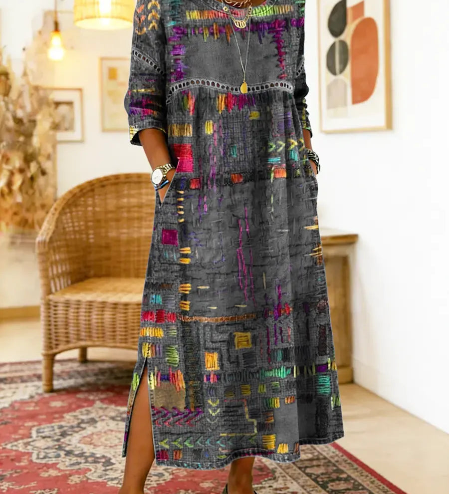 Eglė - Džinsinė suknelė su etniniu patchwork raštu