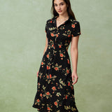 Mintė – Juoda gėlėta midi suknelė
