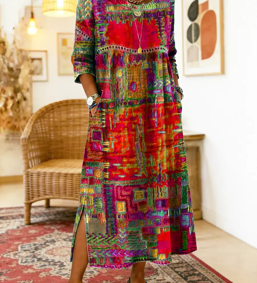 Eglė - Džinsinė suknelė su etniniu patchwork raštu