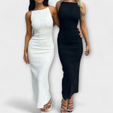 Elegantiška be rankovių maxi suknelė su drapiruotėmis