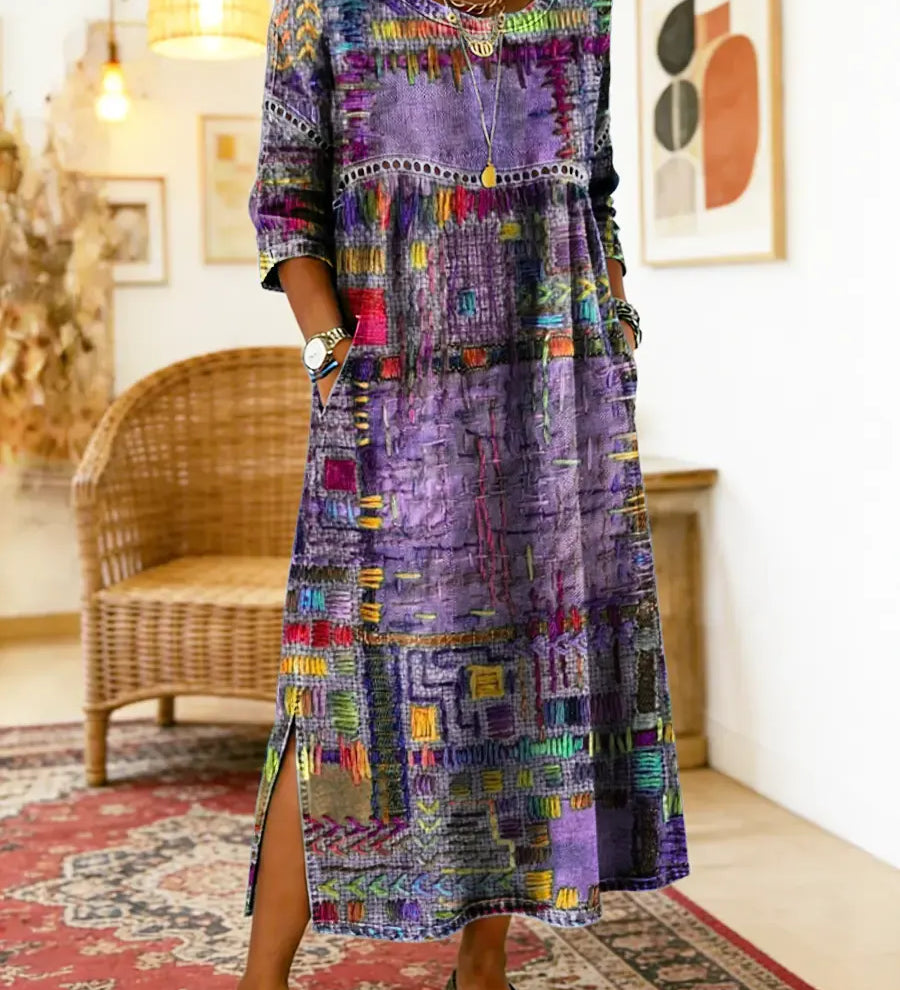 Eglė - Džinsinė suknelė su etniniu patchwork raštu
