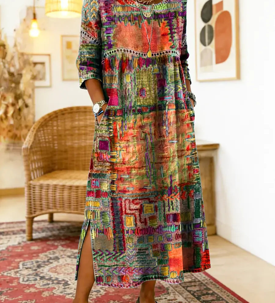 Eglė - Džinsinė suknelė su etniniu patchwork raštu