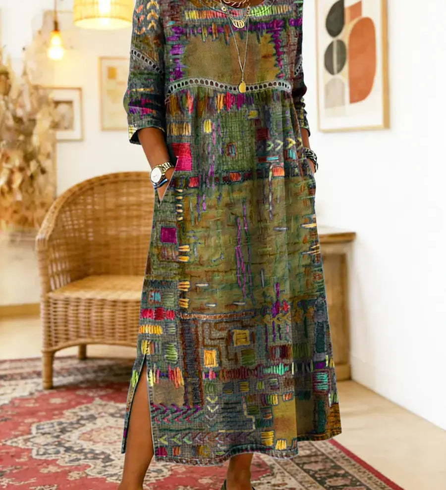 Eglė - Džinsinė suknelė su etniniu patchwork raštu