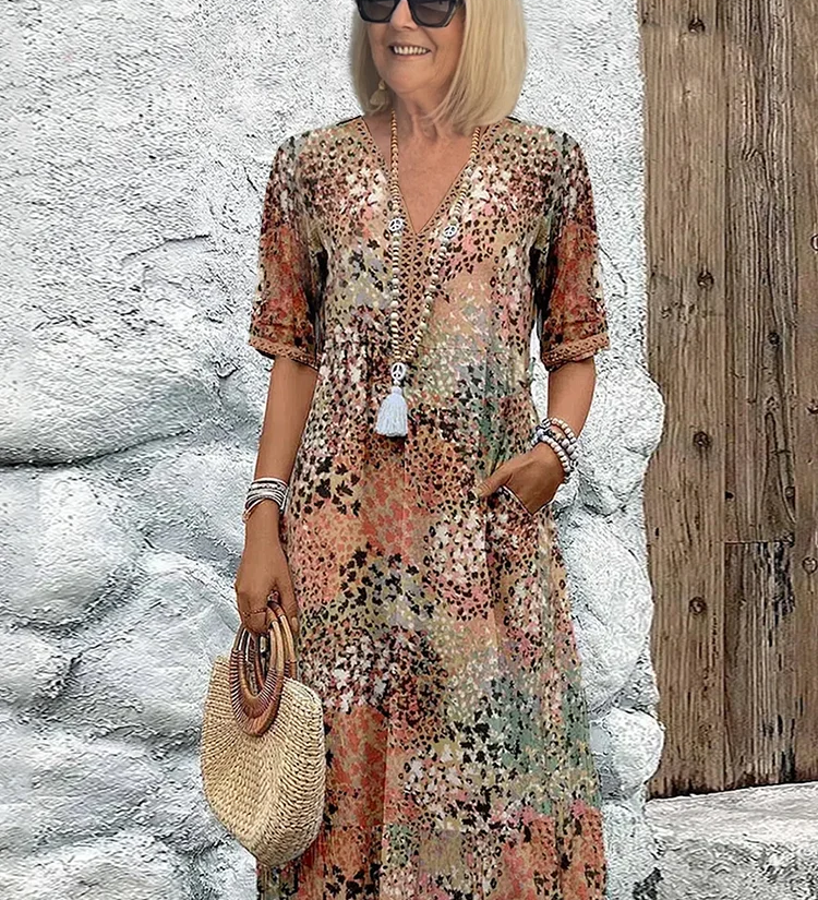 Gabija - Ryški midi suknelė, elegantiškai slepianti pilvuką