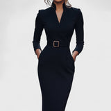 Hana - Elegantiška juoda suknelė su diržu ir apykakle